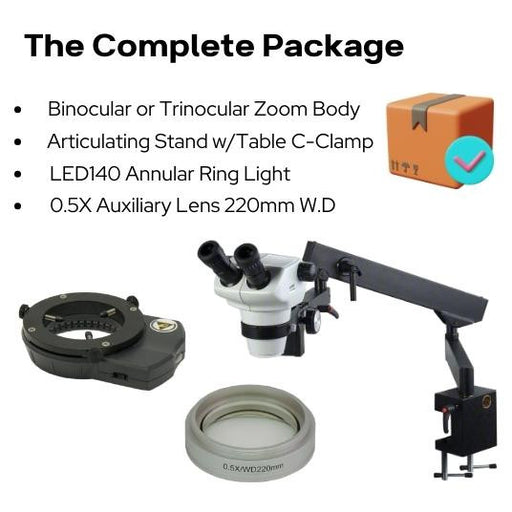 Z850 Zoom Stereo Microscope, Binocular, Articulating Arm Stand, 0.5x Aux Objective, LED140 Ring Light Complete package